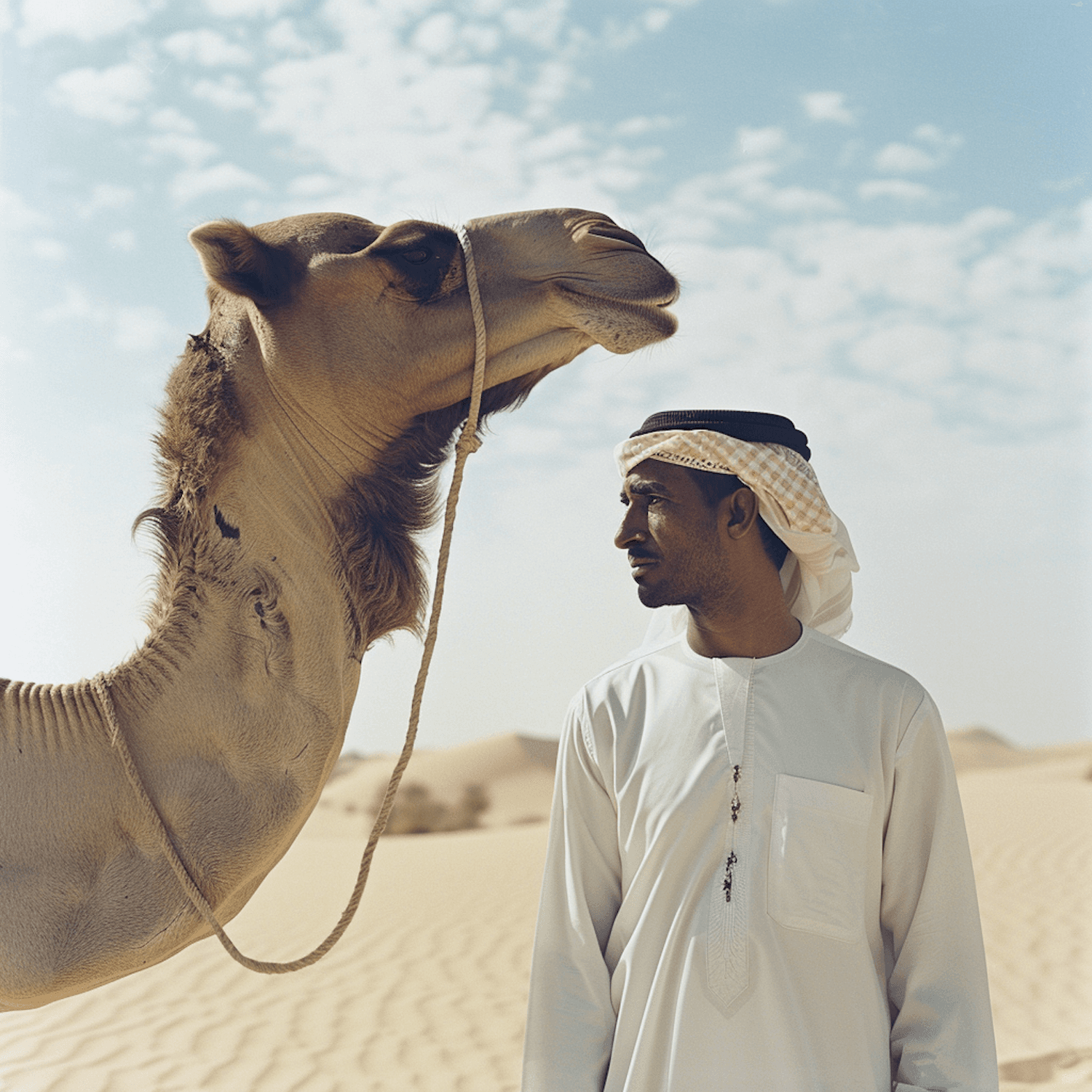A man in traditional dress beside a camel in the desert